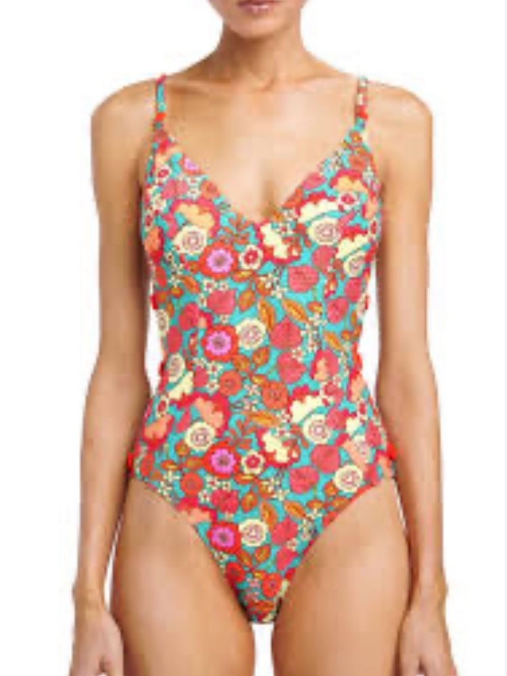 Robin Piccone Coral & Turquoise Bibi Cut Out Floral One-Piece Swimsuit